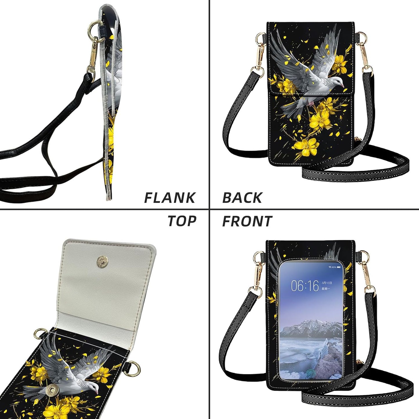 Crossbody Phone Case, White Dove Gold Yellow Flowers RFID Blocking Crossbody Bag with Card Slots & Phone Holder, Waterproof Anti-Theft Touch Screen Phone Purse for Women
