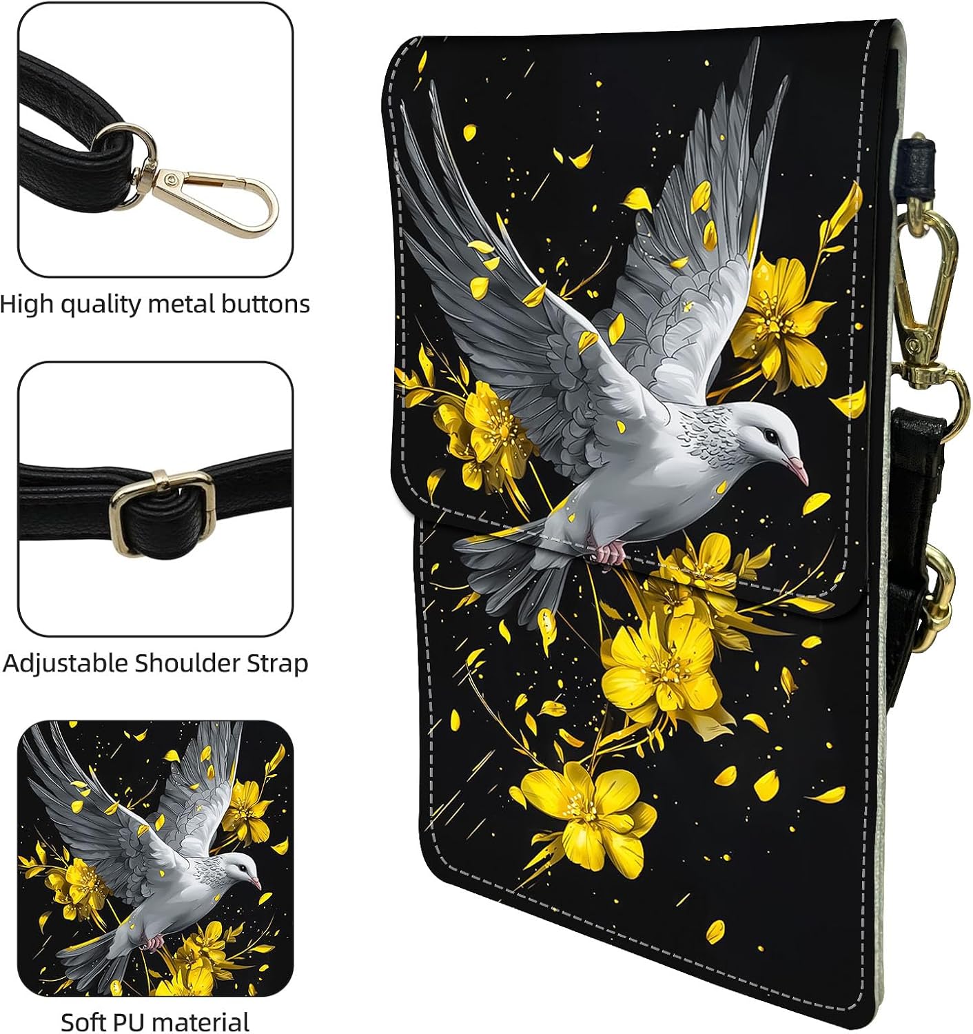 Crossbody Phone Case, White Dove Gold Yellow Flowers RFID Blocking Crossbody Bag with Card Slots & Phone Holder, Waterproof Anti-Theft Touch Screen Phone Purse for Women