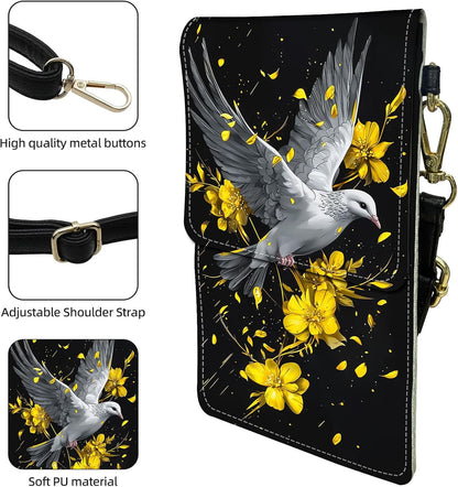 Crossbody Phone Case, White Dove Gold Yellow Flowers RFID Blocking Crossbody Bag with Card Slots & Phone Holder, Waterproof Anti-Theft Touch Screen Phone Purse for Women