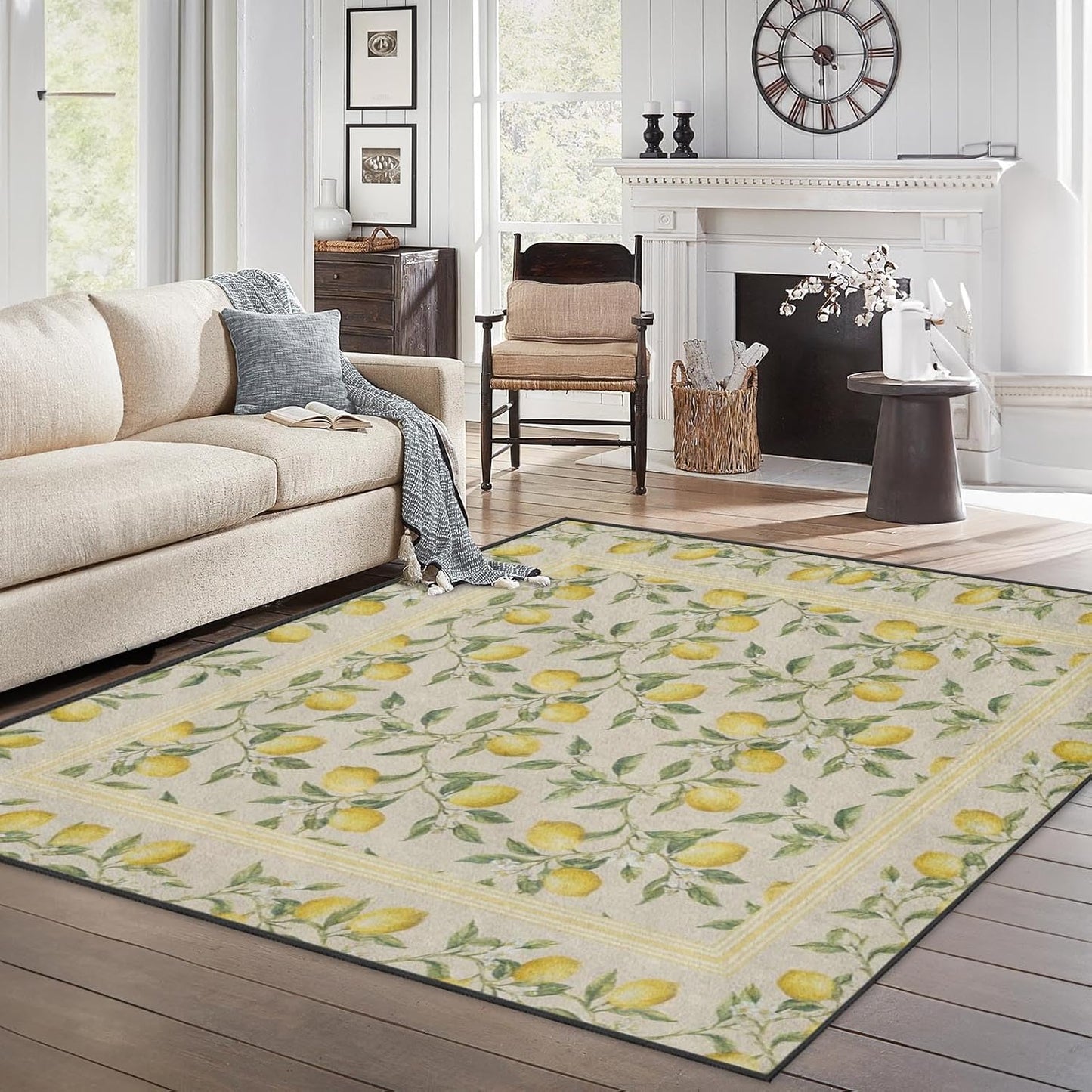 Area Rugs 5'x7' Washable Rug, Lemon Botanical Vintage Stain Resistant Non Slip Backing Summer Yellow Carpet for Living Room Bedroom Dining Room