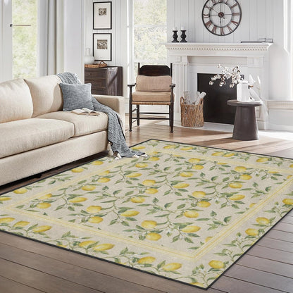Area Rugs 5'x7' Washable Rug, Lemon Botanical Vintage Stain Resistant Non Slip Backing Summer Yellow Carpet for Living Room Bedroom Dining Room