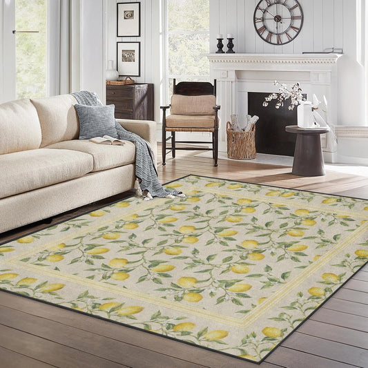Area Rugs 5'x7' Washable Rug, Lemon Botanical Vintage Stain Resistant Non Slip Backing Summer Yellow Carpet for Living Room Bedroom Dining Room