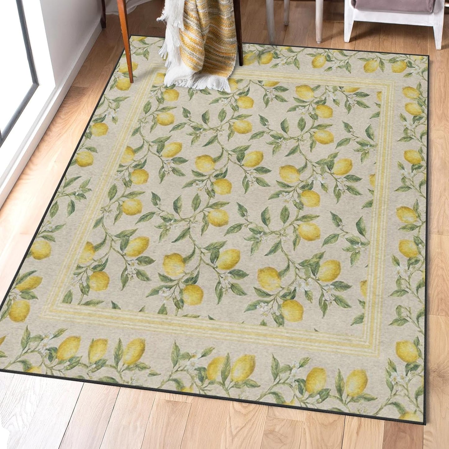 Area Rugs 5'x7' Washable Rug, Lemon Botanical Vintage Stain Resistant Non Slip Backing Summer Yellow Carpet for Living Room Bedroom Dining Room