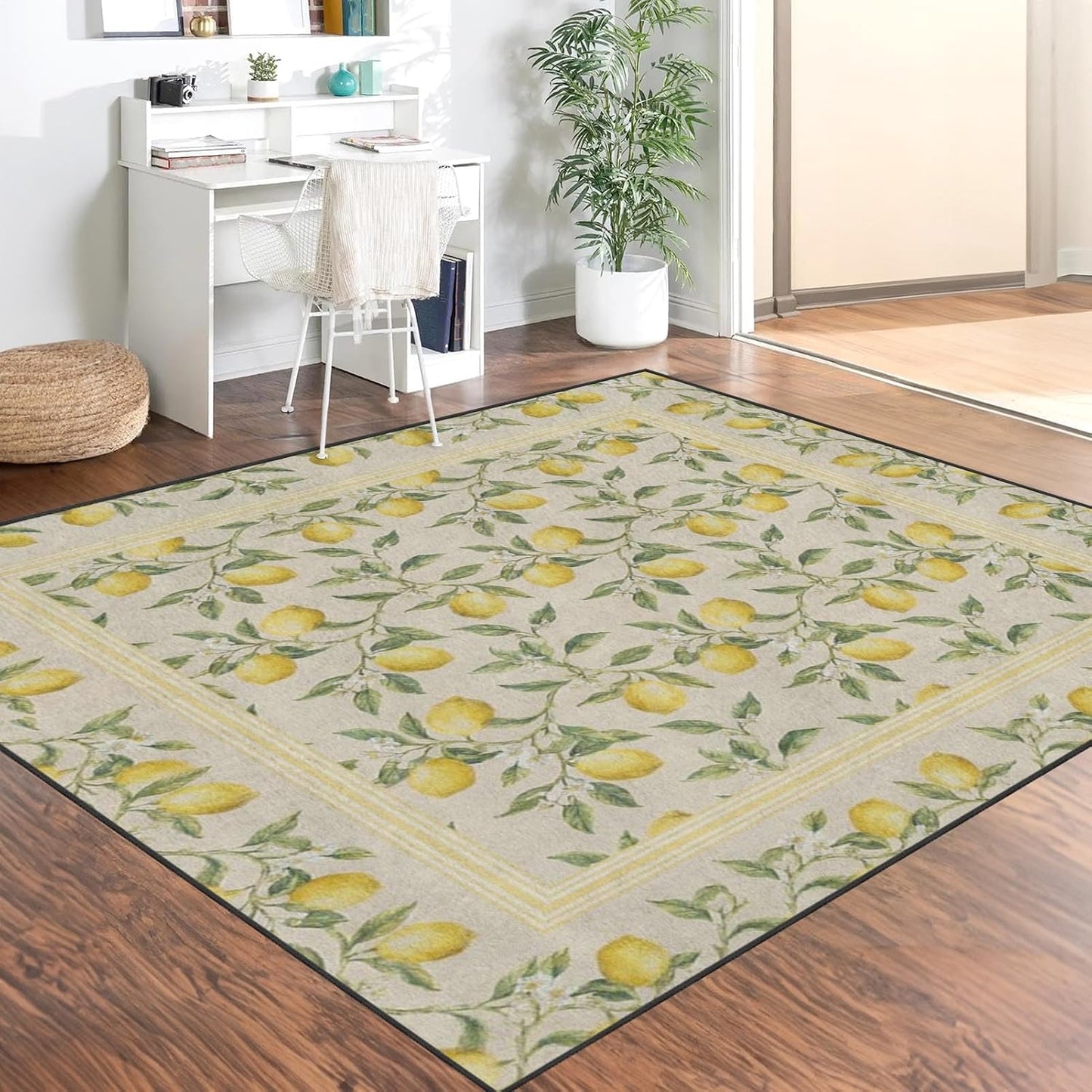 Area Rugs 5'x7' Washable Rug, Lemon Botanical Vintage Stain Resistant Non Slip Backing Summer Yellow Carpet for Living Room Bedroom Dining Room
