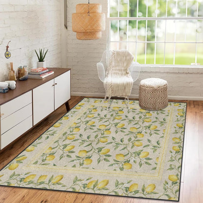 Area Rugs 5'x7' Washable Rug, Lemon Botanical Vintage Stain Resistant Non Slip Backing Summer Yellow Carpet for Living Room Bedroom Dining Room