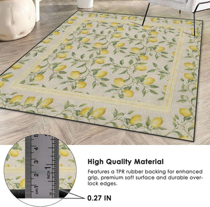 Area Rugs 5'x7' Washable Rug, Lemon Botanical Vintage Stain Resistant Non Slip Backing Summer Yellow Carpet for Living Room Bedroom Dining Room