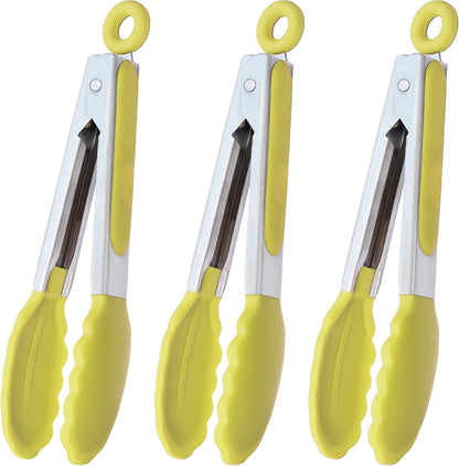 Small Appetizer Tongs 7" Silicone Kitchen Tongs, Set of 3 (Yellow)