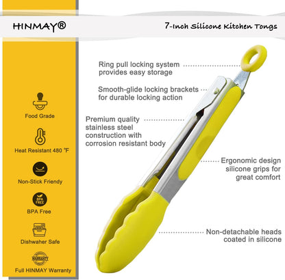 Small Appetizer Tongs 7" Silicone Kitchen Tongs, Set of 3 (Yellow)
