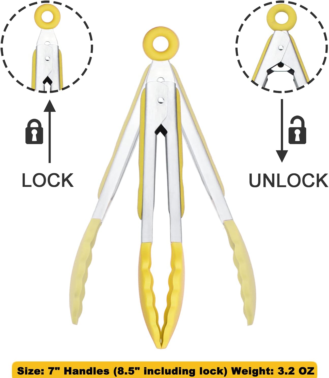 Small Appetizer Tongs 7" Silicone Kitchen Tongs, Set of 3 (Yellow)