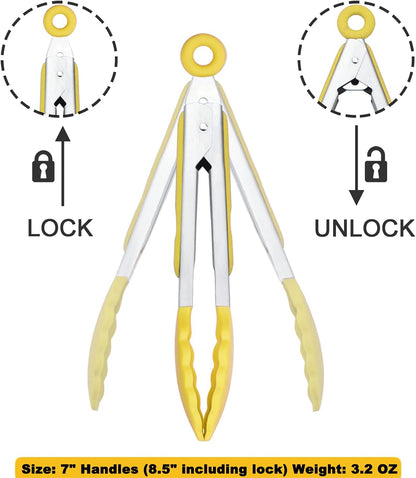 Small Appetizer Tongs 7" Silicone Kitchen Tongs, Set of 3 (Yellow)