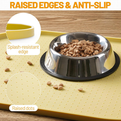 100% Waterproof Silicone Pet Feeding Mat with Raised Edge for Food and Water, Dog Bowl Mats, Cat Bowls Placemat with High Lip Protects Floor for Cats and Dogs (Yellow, 19" L x 12" W)