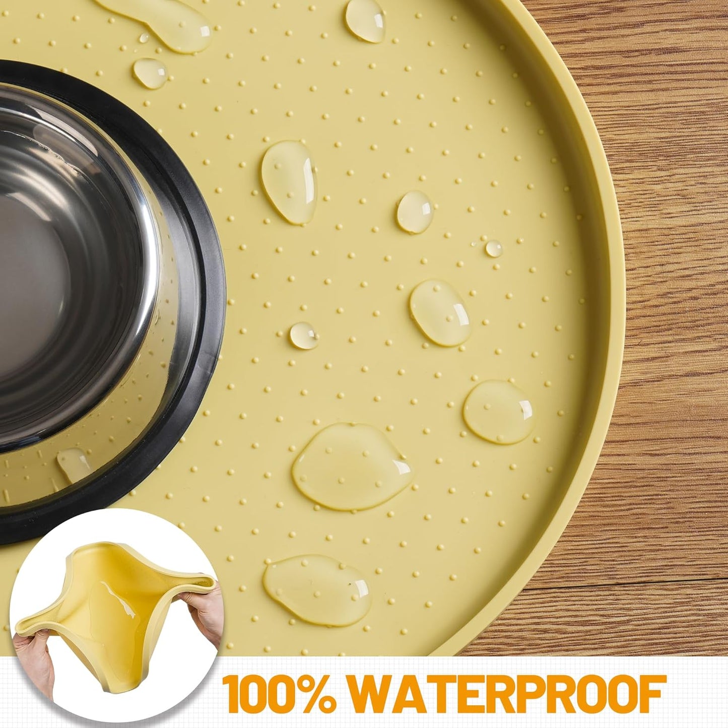 100% Waterproof Silicone Pet Feeding Mat with Raised Edge for Food and Water, Dog Bowl Mats, Cat Bowls Placemat with High Lip Protects Floor for Cats and Dogs (Yellow, 19" L x 12" W)