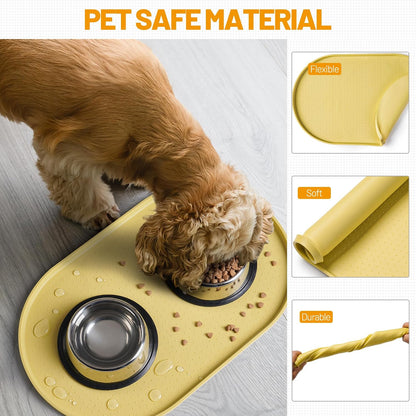 100% Waterproof Silicone Pet Feeding Mat with Raised Edge for Food and Water, Dog Bowl Mats, Cat Bowls Placemat with High Lip Protects Floor for Cats and Dogs (Yellow, 19" L x 12" W)