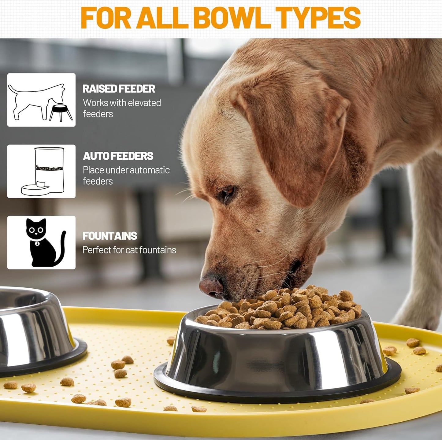100% Waterproof Silicone Pet Feeding Mat with Raised Edge for Food and Water, Dog Bowl Mats, Cat Bowls Placemat with High Lip Protects Floor for Cats and Dogs (Yellow, 19" L x 12" W)