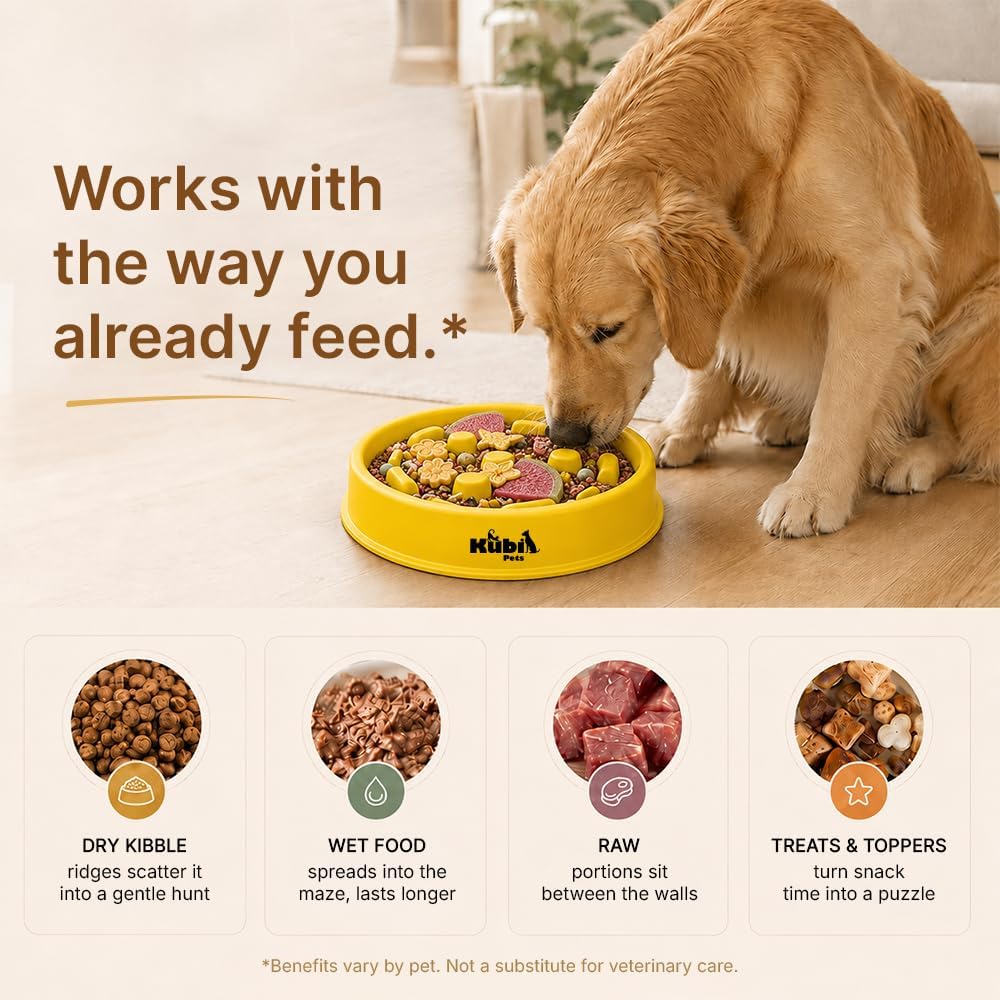Slow Mo Bowl | Slow Feeder Dog Bowl for Fast Eaters, Improves Digestion & Reduces Bloating, Fun Interactive Design, & Dishwasher Safe | | (Yellow)