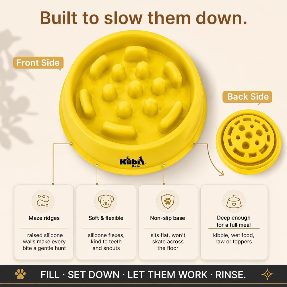 Slow Mo Bowl | Slow Feeder Dog Bowl for Fast Eaters, Improves Digestion & Reduces Bloating, Fun Interactive Design, & Dishwasher Safe | | (Yellow)