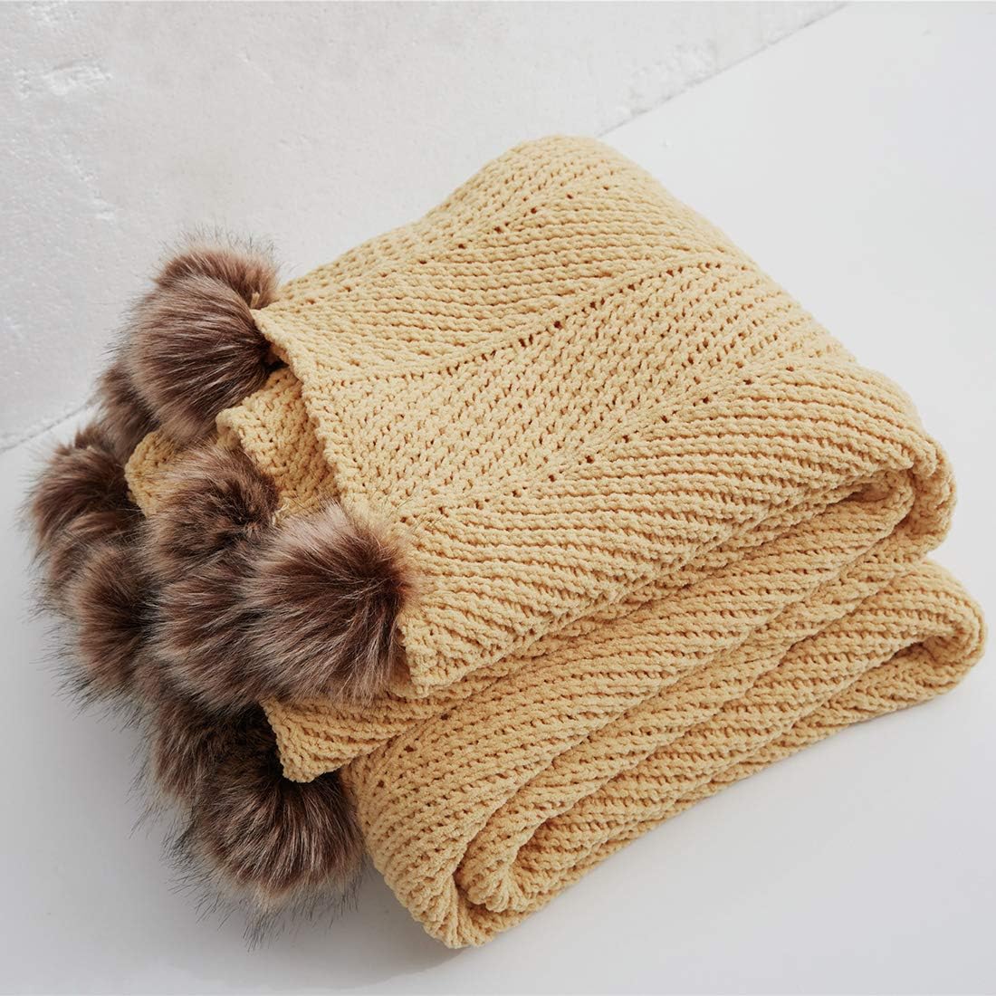 Fur Pom Pom Knit Throw Blanket Super Soft Warm Cozy Cable Knitted Blanket for Sofa and Couch 51 x 63 Inch Mustard Yellow