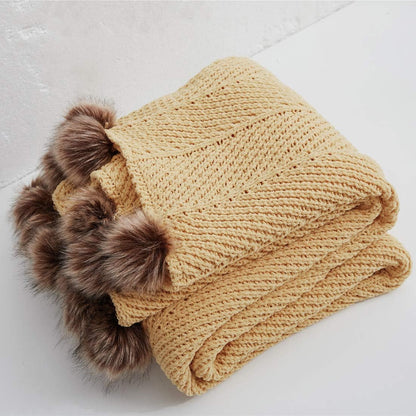 Fur Pom Pom Knit Throw Blanket Super Soft Warm Cozy Cable Knitted Blanket for Sofa and Couch 51 x 63 Inch Mustard Yellow