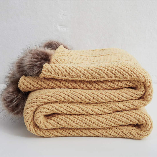 Fur Pom Pom Knit Throw Blanket Super Soft Warm Cozy Cable Knitted Blanket for Sofa and Couch 51 x 63 Inch Mustard Yellow