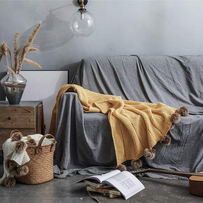 Fur Pom Pom Knit Throw Blanket Super Soft Warm Cozy Cable Knitted Blanket for Sofa and Couch 51 x 63 Inch Mustard Yellow