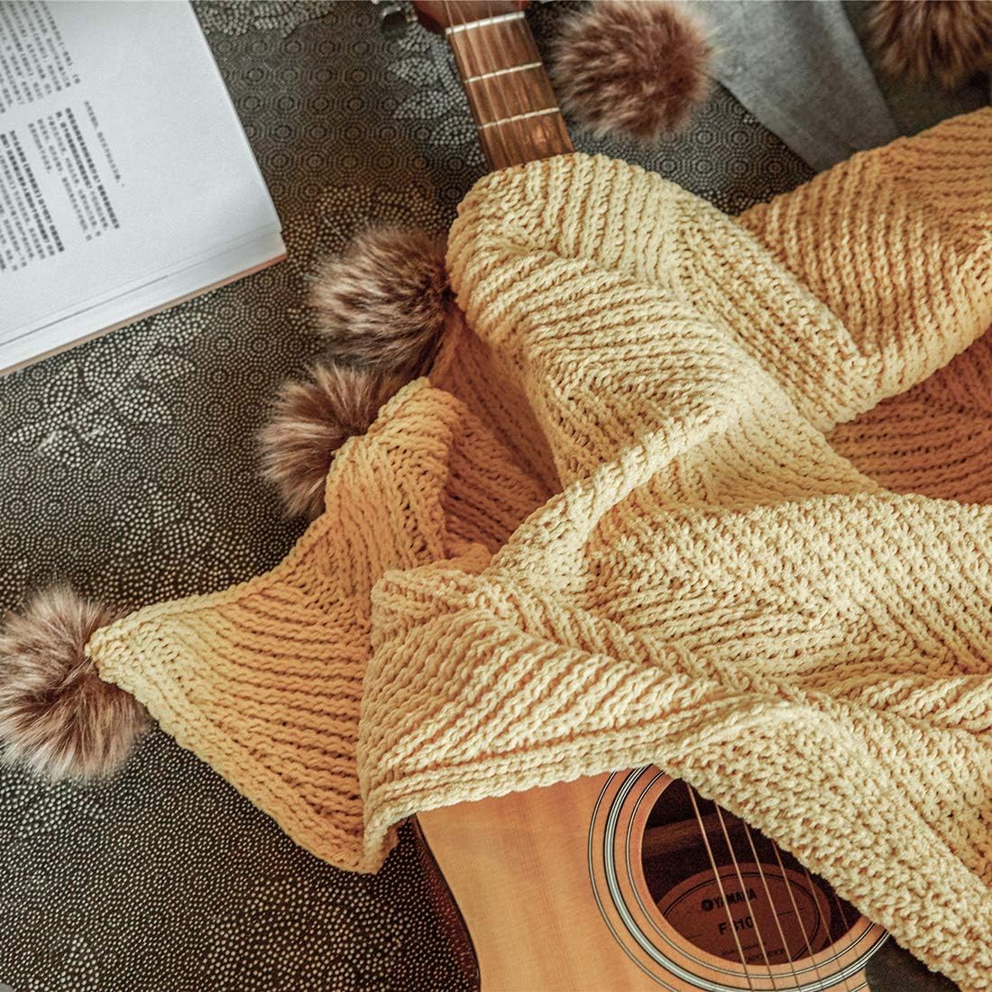 Fur Pom Pom Knit Throw Blanket Super Soft Warm Cozy Cable Knitted Blanket for Sofa and Couch 51 x 63 Inch Mustard Yellow
