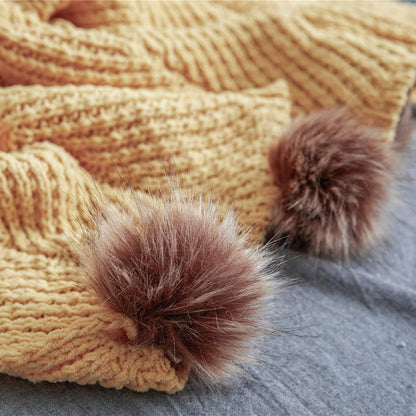 Fur Pom Pom Knit Throw Blanket Super Soft Warm Cozy Cable Knitted Blanket for Sofa and Couch 51 x 63 Inch Mustard Yellow