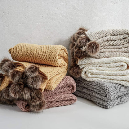Fur Pom Pom Knit Throw Blanket Super Soft Warm Cozy Cable Knitted Blanket for Sofa and Couch 51 x 63 Inch Mustard Yellow