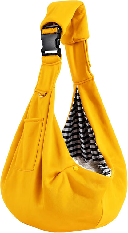 Dog Cat Sling Carrier Bag for Small Dogs and Cats up to 15 lbs, Handsfree Pet Sling Carrier with Padded Strap, Adjustable Dog Sling, Safety Hook, Pocket for Travel and Walking, Yellow