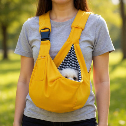 Dog Cat Sling Carrier Bag for Small Dogs and Cats up to 15 lbs, Handsfree Pet Sling Carrier with Padded Strap, Adjustable Dog Sling, Safety Hook, Pocket for Travel and Walking, Yellow