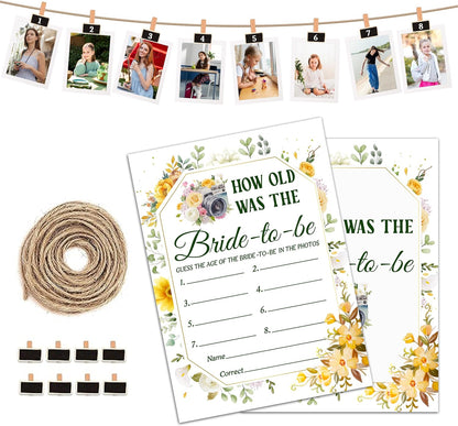 Bridal Shower Games, Yellow Floral Wedding Photo Games Card, Bridal Shower Bachelorette Engagement Party Ideas Supplies Decorations, How Old was The Bride-to-Be Game Cards for Guest, 30 Pack -05