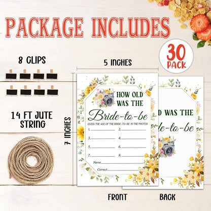 Bridal Shower Games, Yellow Floral Wedding Photo Games Card, Bridal Shower Bachelorette Engagement Party Ideas Supplies Decorations, How Old was The Bride-to-Be Game Cards for Guest, 30 Pack -05