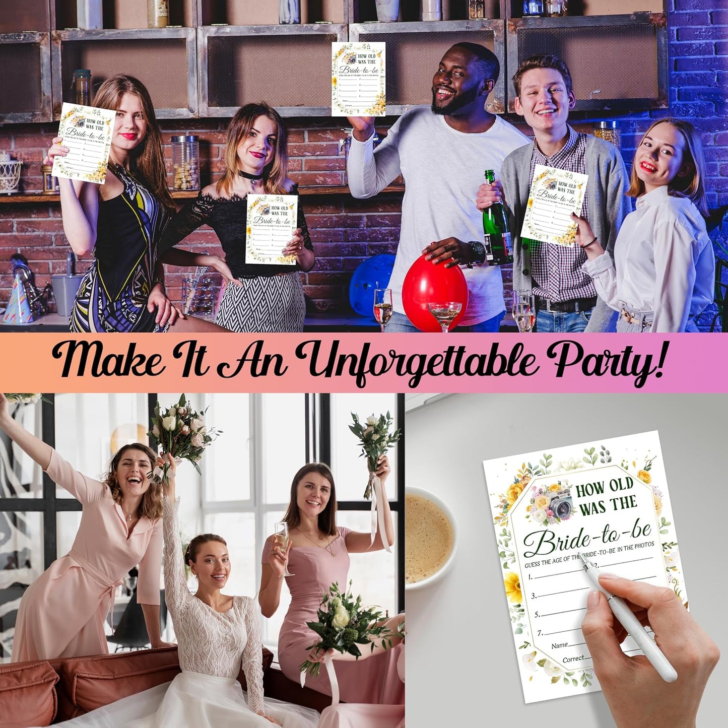 Bridal Shower Games, Yellow Floral Wedding Photo Games Card, Bridal Shower Bachelorette Engagement Party Ideas Supplies Decorations, How Old was The Bride-to-Be Game Cards for Guest, 30 Pack -05