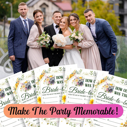 Bridal Shower Games, Yellow Floral Wedding Photo Games Card, Bridal Shower Bachelorette Engagement Party Ideas Supplies Decorations, How Old was The Bride-to-Be Game Cards for Guest, 30 Pack -05