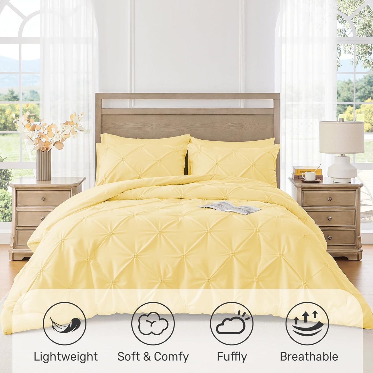 King Size Comforter Set Yellow - Ultra Soft Boho Pintuck Down Alternative Bedding Set for All Seasons, 3 Pieces Lightweight Warm Pinch Pleat Bed Set with Comforter, 2 Pillowcases