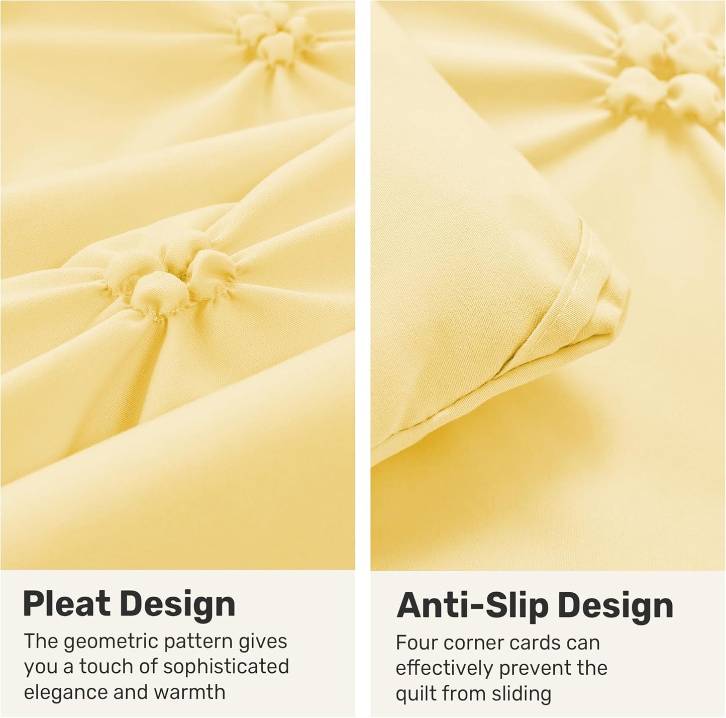 King Size Comforter Set Yellow - Ultra Soft Boho Pintuck Down Alternative Bedding Set for All Seasons, 3 Pieces Lightweight Warm Pinch Pleat Bed Set with Comforter, 2 Pillowcases