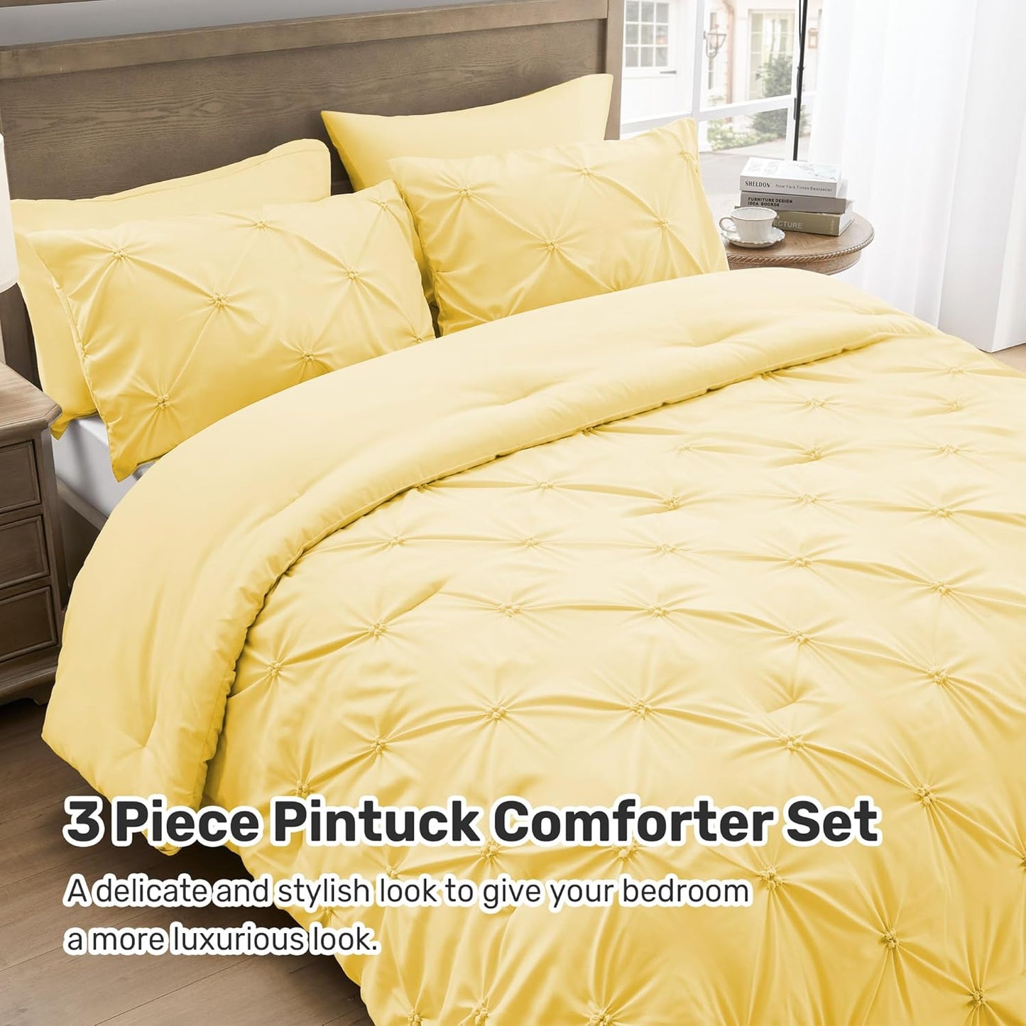 King Size Comforter Set Yellow - Ultra Soft Boho Pintuck Down Alternative Bedding Set for All Seasons, 3 Pieces Lightweight Warm Pinch Pleat Bed Set with Comforter, 2 Pillowcases