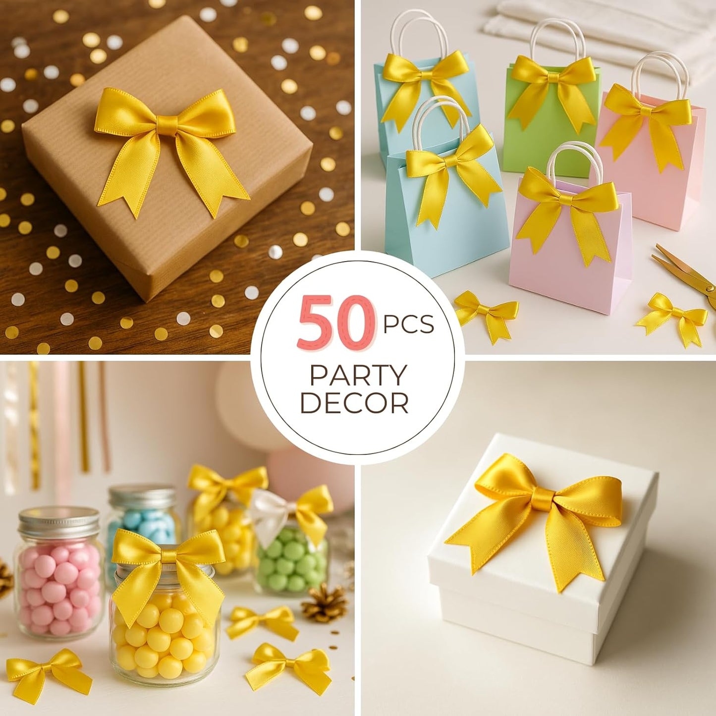 Yellow Gold Gift Wrap Bows - 50pcs 3.3 Inch Elegant Bows for Gift Wrapping, Party Decorations, Wedding Decor, Birthday Presents, Holiday Gifts, DIY Crafts, Baby Shower, Anniversary, Christmas, Gift Bags