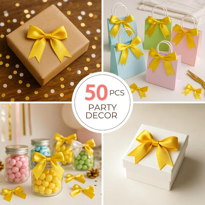Yellow Gold Gift Wrap Bows - 50pcs 3.3 Inch Elegant Bows for Gift Wrapping, Party Decorations, Wedding Decor, Birthday Presents, Holiday Gifts, DIY Crafts, Baby Shower, Anniversary, Christmas, Gift Bags