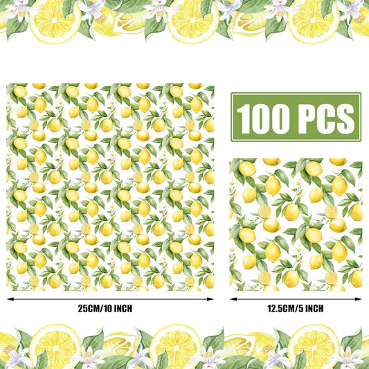 100 PCS Lemon Cocktail Napkins Yellow Citrus Paper Napkin 3-Ply Summer Fruit Disposable Napkins Lemon Dinner Hand Towels for Kitchen Bathroom Summer Beverage Party Supplies