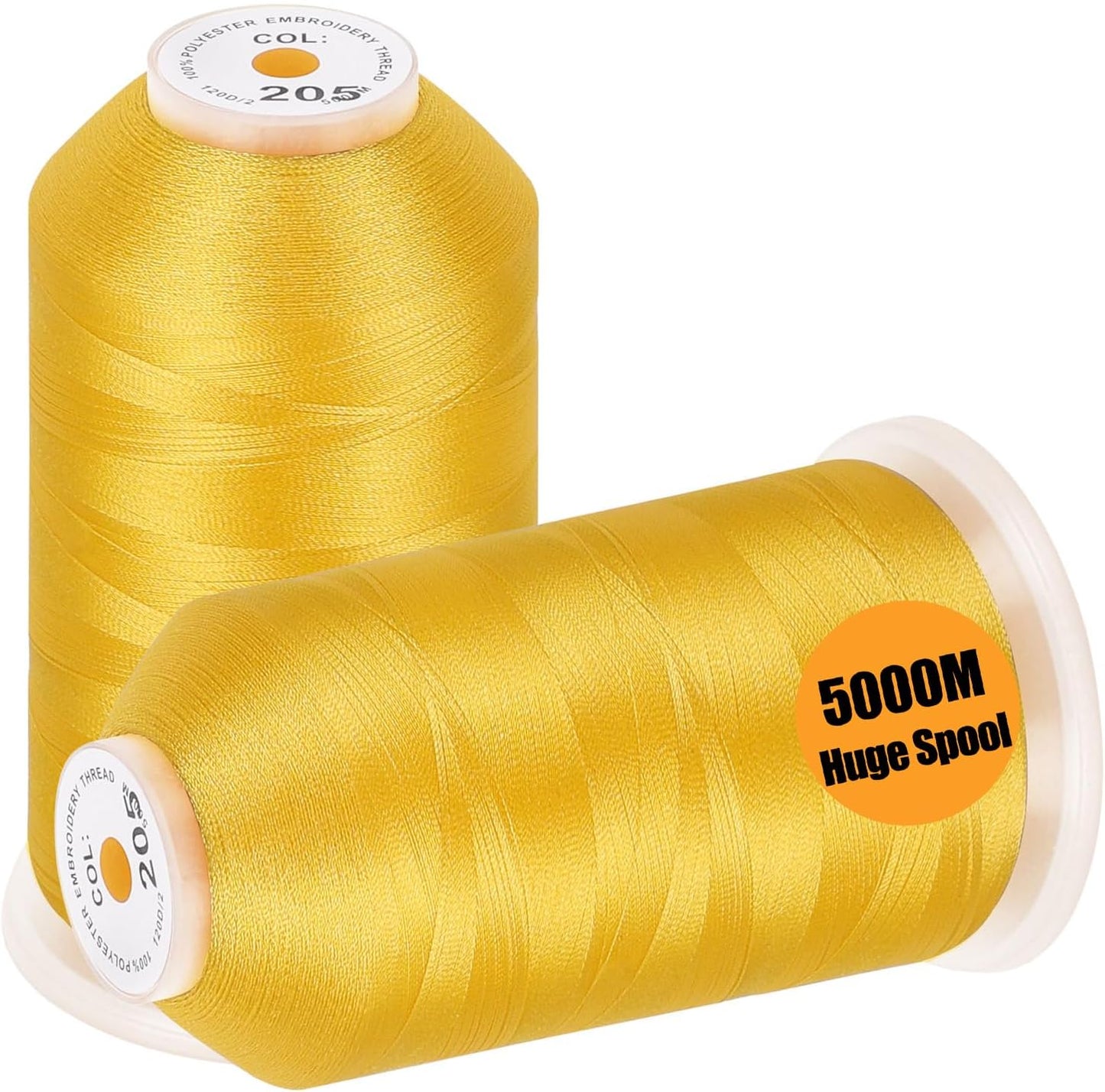 2 Huge Spools Embroidery Machine Thread -Yellow | 40 Weight, 100% Polyester, 5000M/5500YD Each Spool, for Commercial and Domestic Machines