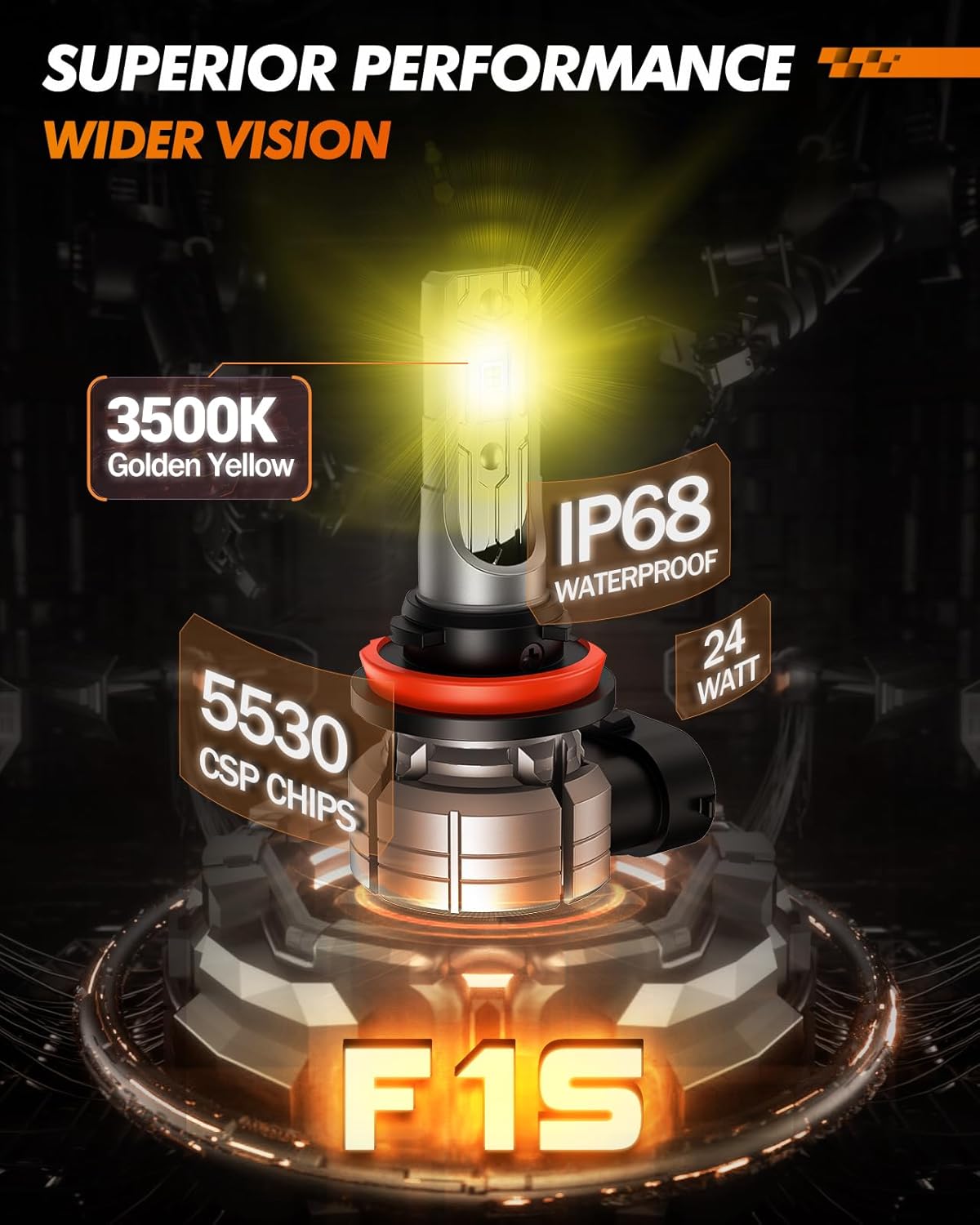 H11/H8/H16 Amber Yellow Fog Light Bulbs or DRL, 10000 Lumens 3000K Yellow Fog Lights, 32 CSP LED Chips Fog Lamps Replacement for Cars, Play and Plug, Pack of 2