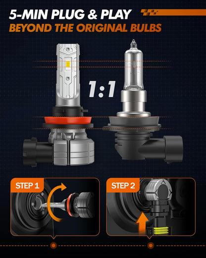 H11/H8/H16 Amber Yellow Fog Light Bulbs or DRL, 10000 Lumens 3000K Yellow Fog Lights, 32 CSP LED Chips Fog Lamps Replacement for Cars, Play and Plug, Pack of 2