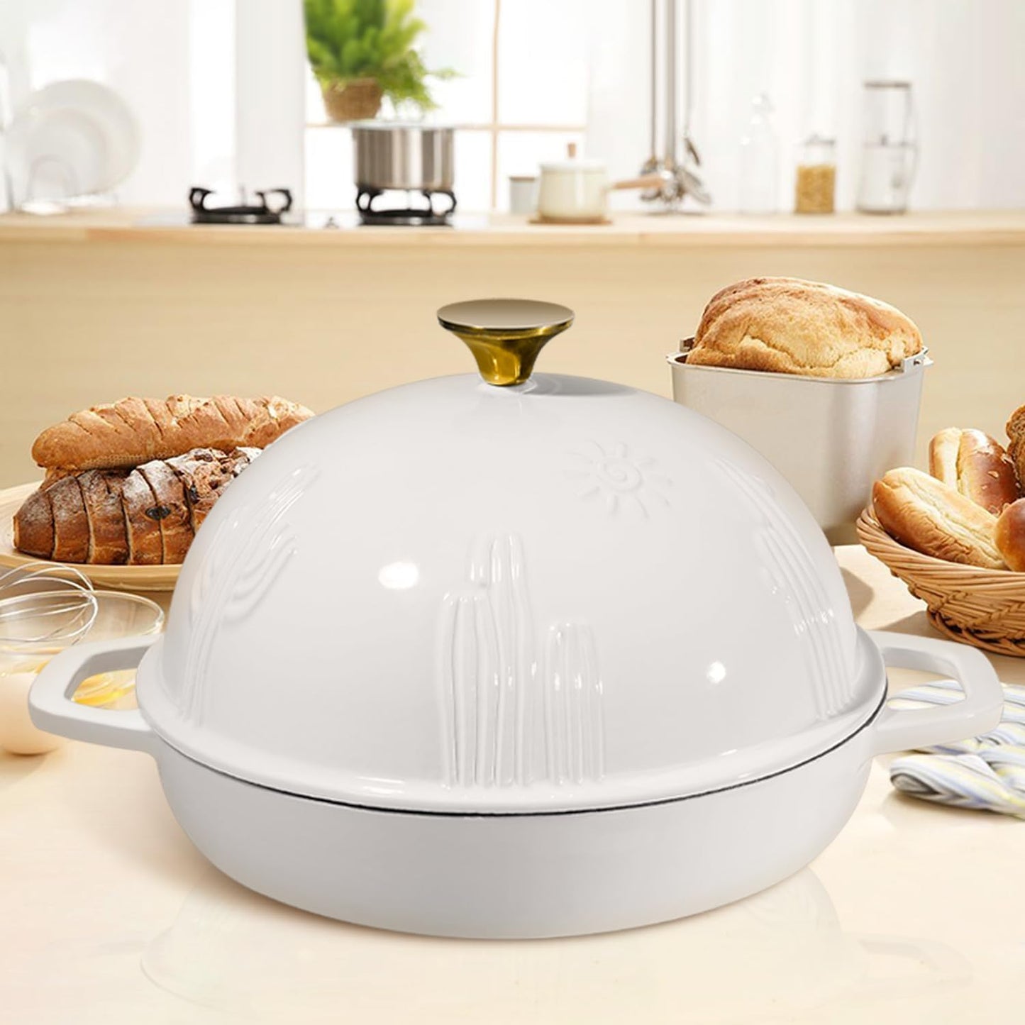 Cast Iron Bread Oven With Cloche Lid for Baking - Yellow Enameled Dutch Oven With Dome Lid for Sourdough - 5 qt