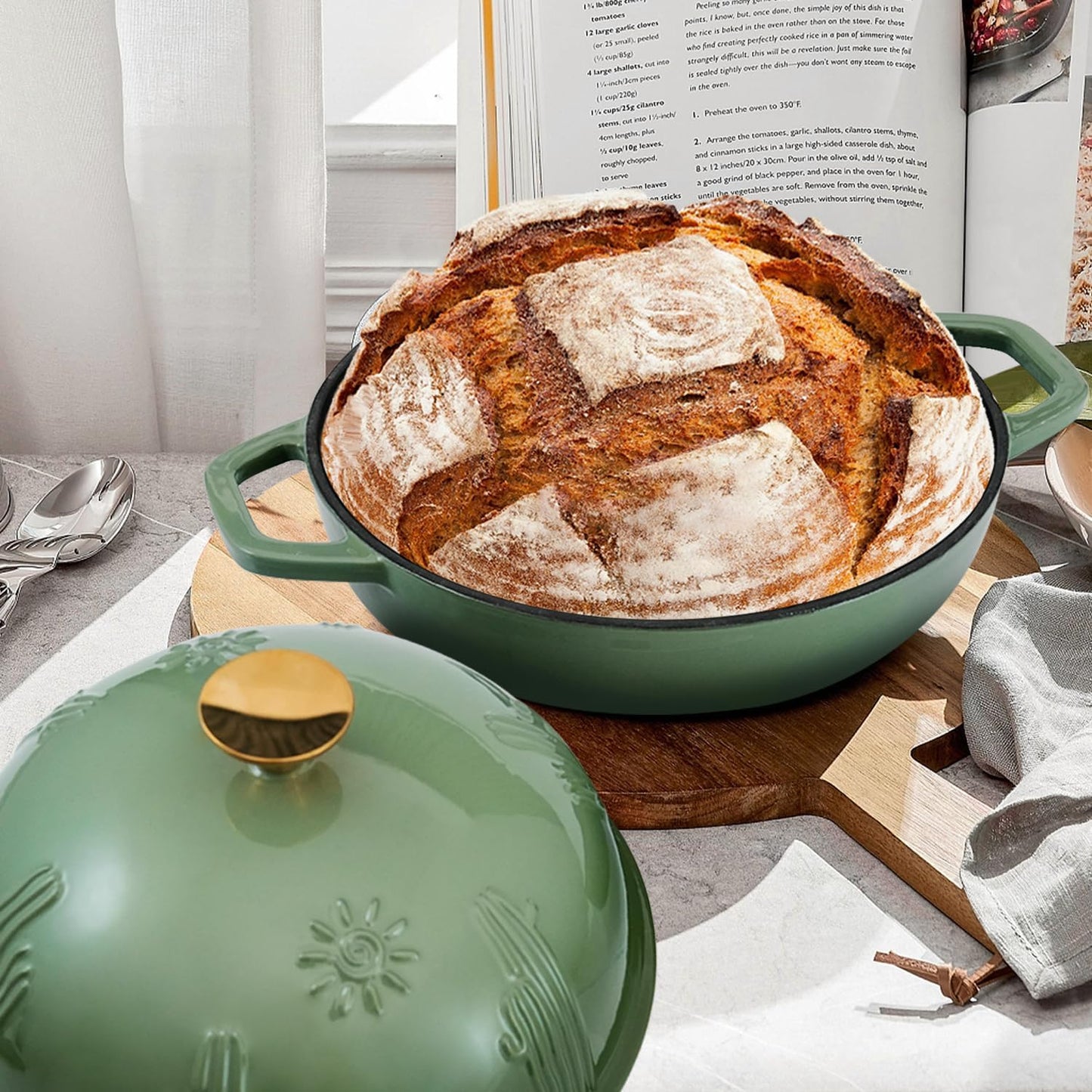 Cast Iron Bread Oven With Cloche Lid for Baking - Yellow Enameled Dutch Oven With Dome Lid for Sourdough - 5 qt