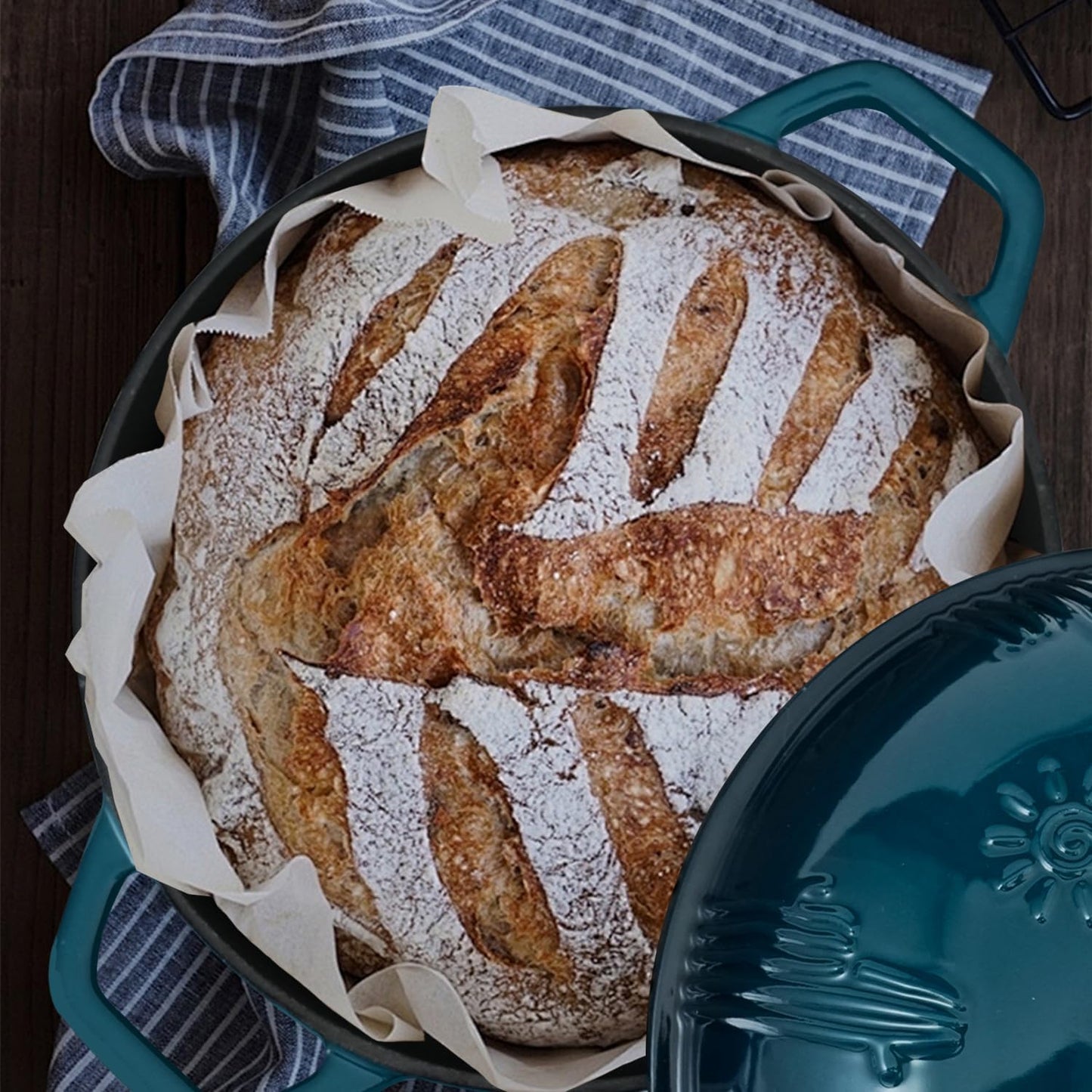 Cast Iron Bread Oven With Cloche Lid for Baking - Yellow Enameled Dutch Oven With Dome Lid for Sourdough - 5 qt