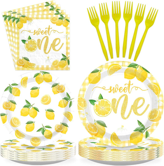 96Pcs Lemon 1st Birthday Party Decoration Lemon Sweet One Plates and Napkins Yellow Citrus Fruit Tableware Set for Summer Lemonade Theme Birthday Baby Shower Party Supplies, Serves 24