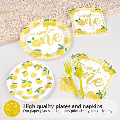 96Pcs Lemon 1st Birthday Party Decoration Lemon Sweet One Plates and Napkins Yellow Citrus Fruit Tableware Set for Summer Lemonade Theme Birthday Baby Shower Party Supplies, Serves 24
