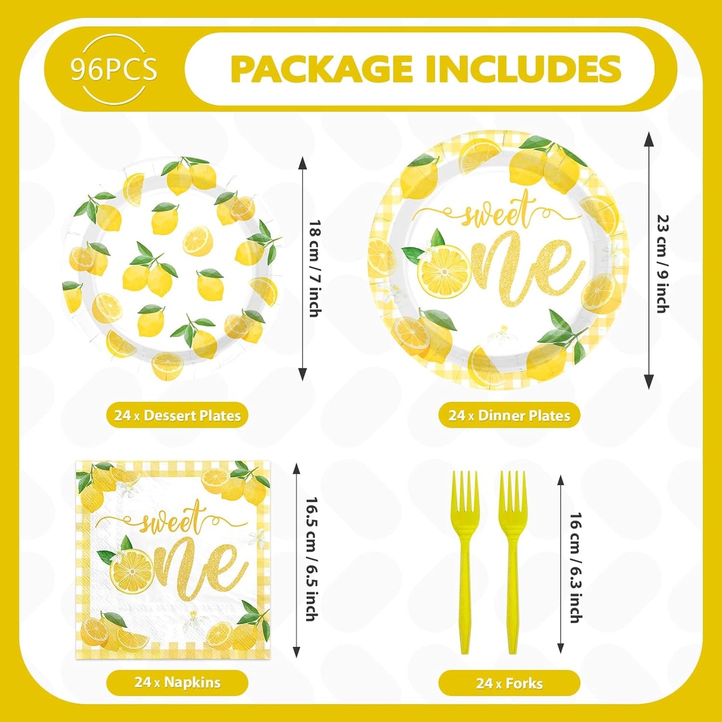 96Pcs Lemon 1st Birthday Party Decoration Lemon Sweet One Plates and Napkins Yellow Citrus Fruit Tableware Set for Summer Lemonade Theme Birthday Baby Shower Party Supplies, Serves 24