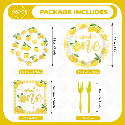 96Pcs Lemon 1st Birthday Party Decoration Lemon Sweet One Plates and Napkins Yellow Citrus Fruit Tableware Set for Summer Lemonade Theme Birthday Baby Shower Party Supplies, Serves 24