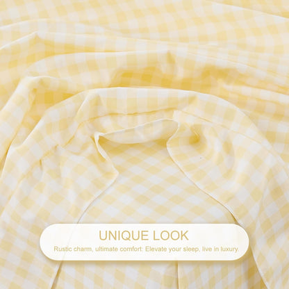 Gingham Queen Sheet Set, Lightweight Super Soft Brushed Microfiber Plaid Bed Sheets with 16" Deep Pocket, 4 Piece Ruffle Farmhouse Bedroom Decor, Yellow